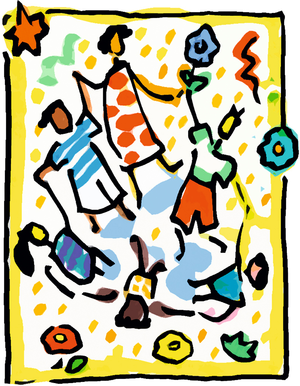 Kinderzeichnung mit stilisierten Figuren.