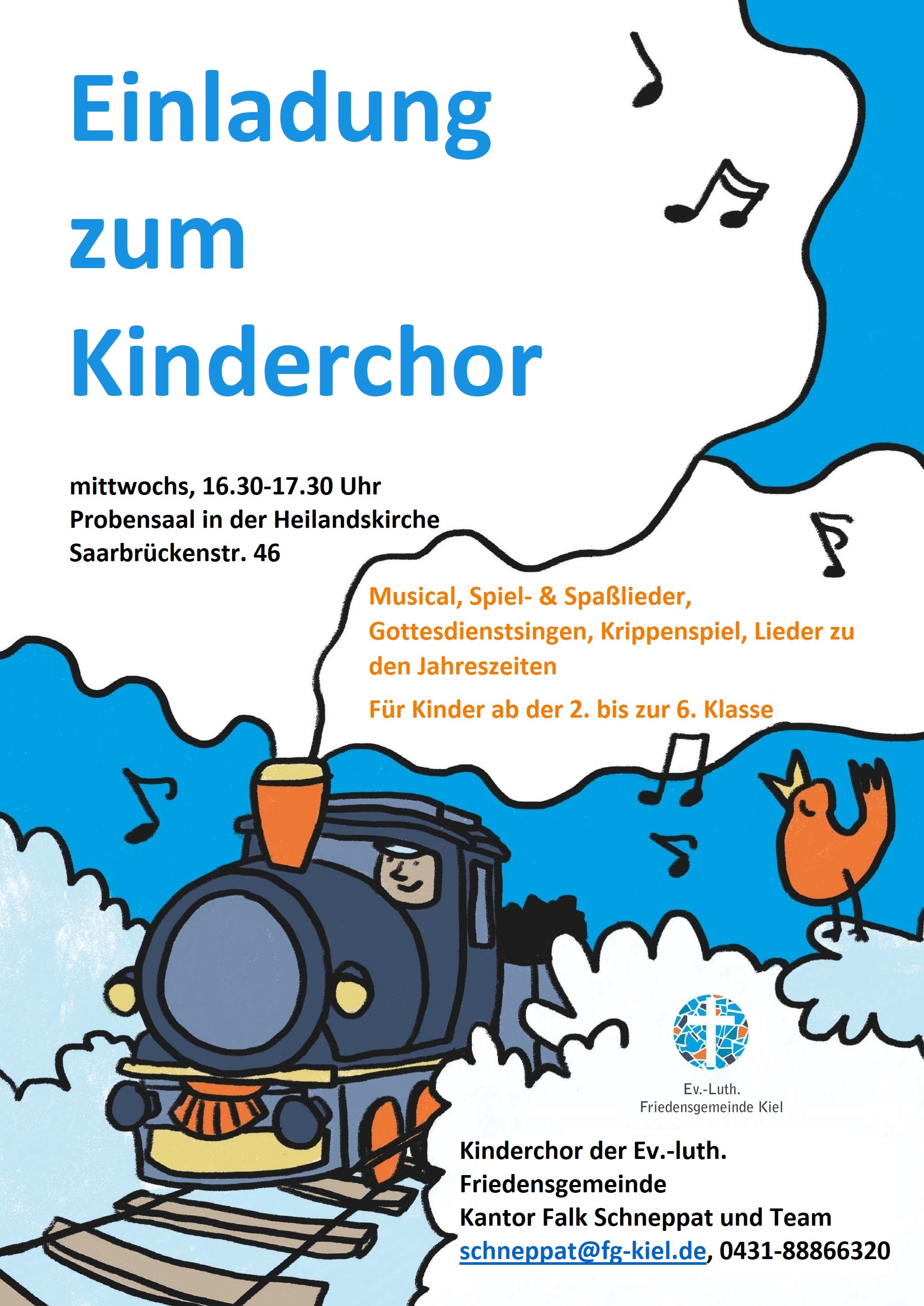 Einladung zum Kinderchor mit Zugmotiv.
