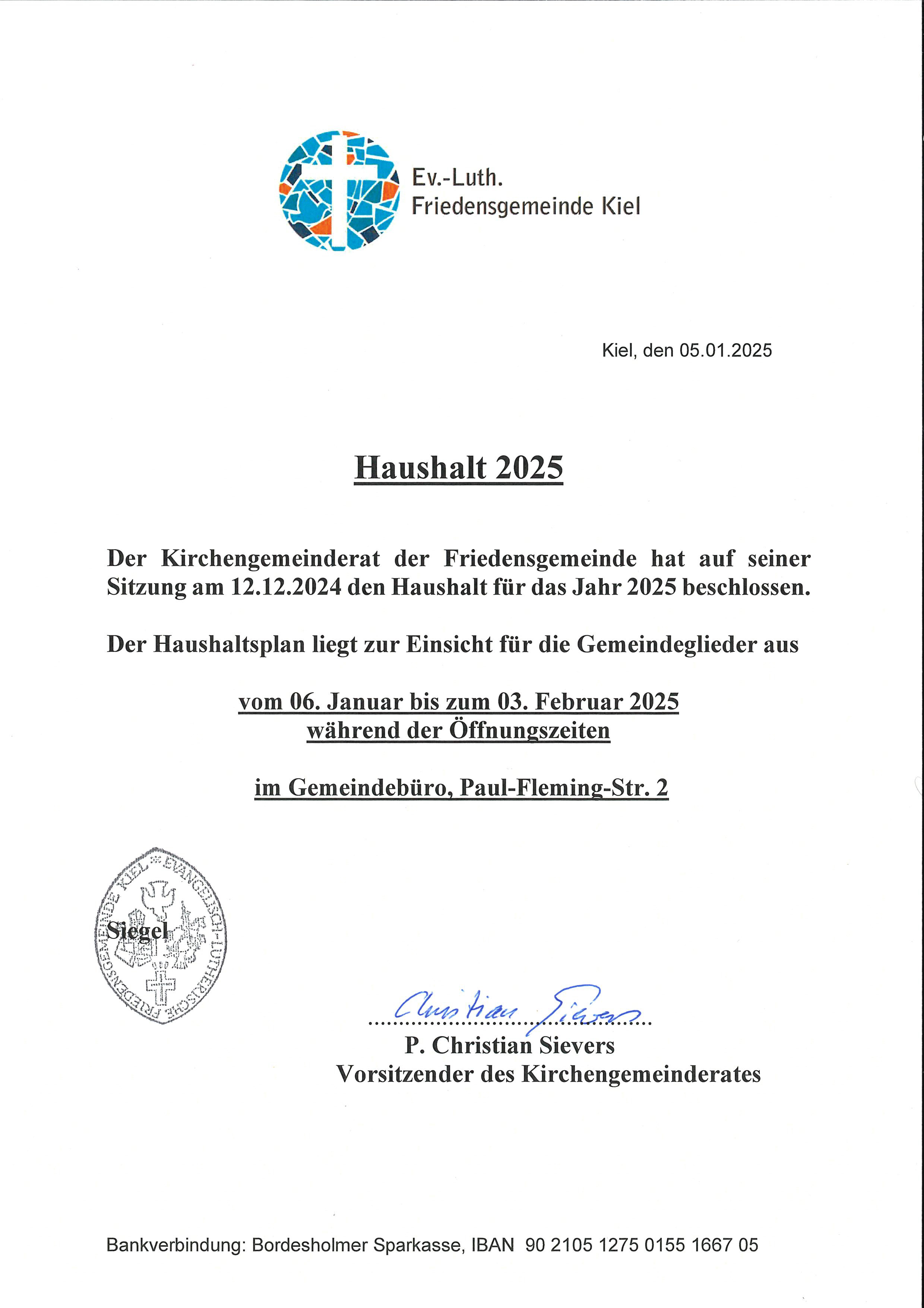 Dokument "Haushalt 2025" der Friedensgemeinde Kiel.