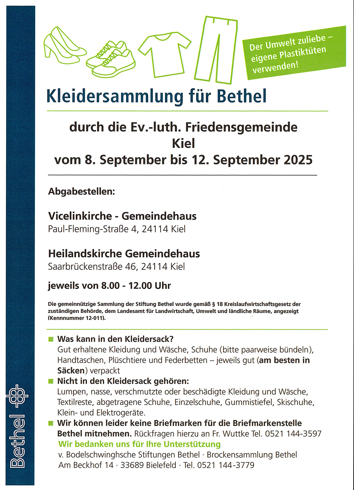 Plakat für Kleidersammlung für Bethel.